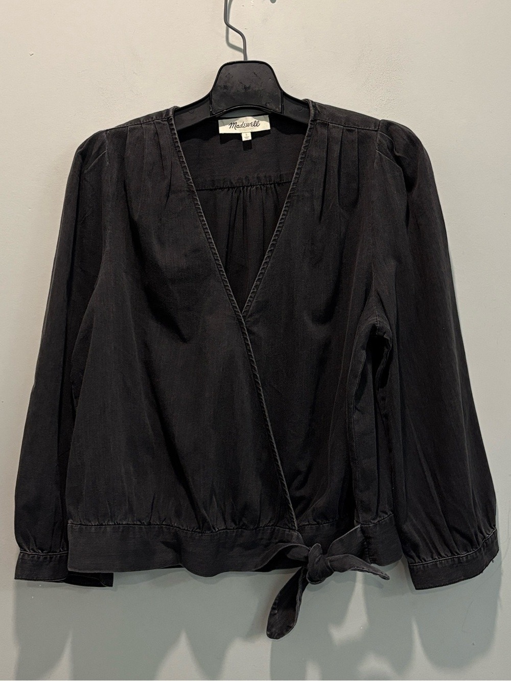 Madewell Black Denim Wrap Tie Front Blouse Puff Sleeve Size L - Picture 4 of 15